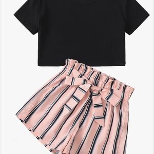 Black Crop Top and Pink Striped Shorts Set